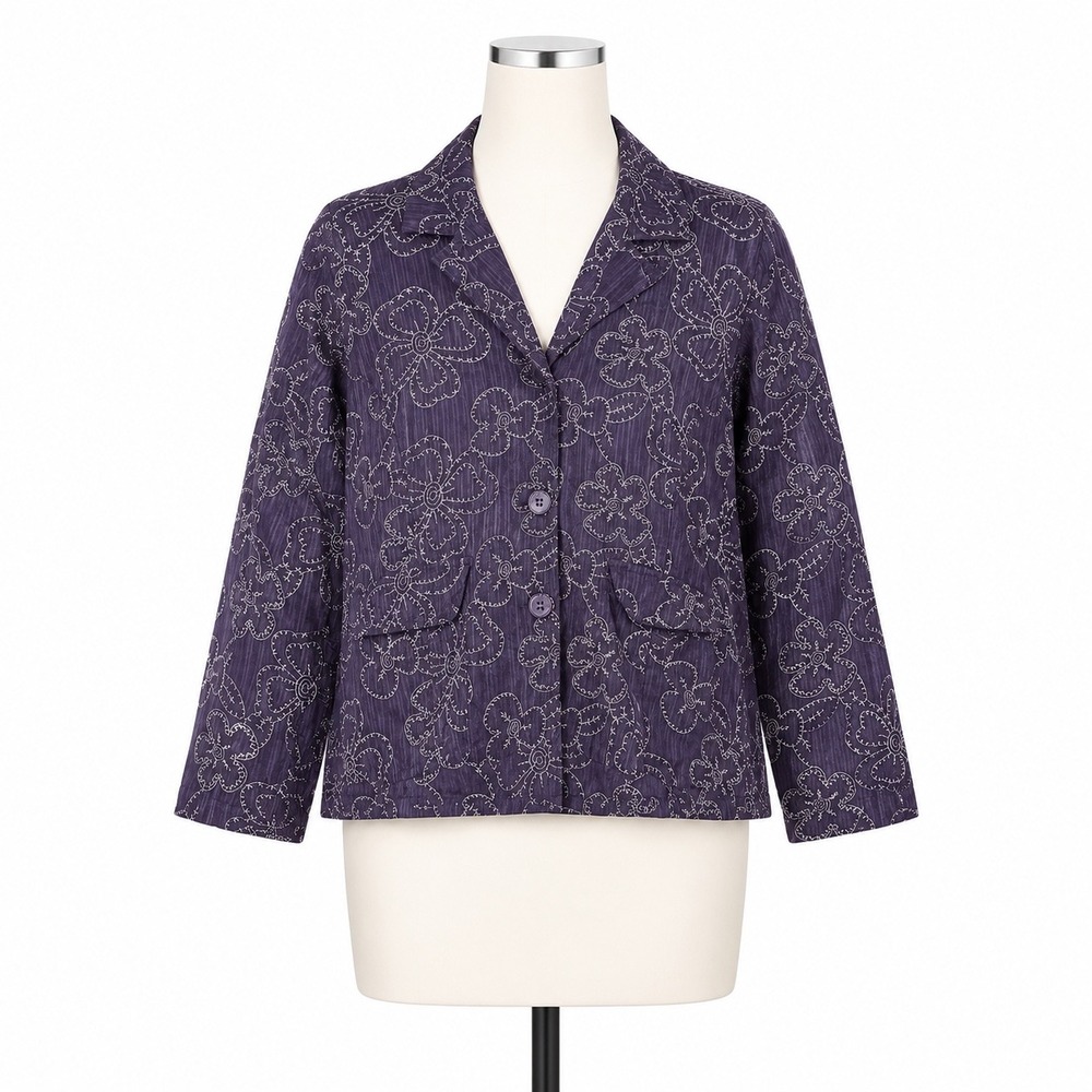 Flax Purple Floral Embroidered Cotton Jacket Women Size Small Lagenlook Corduroy